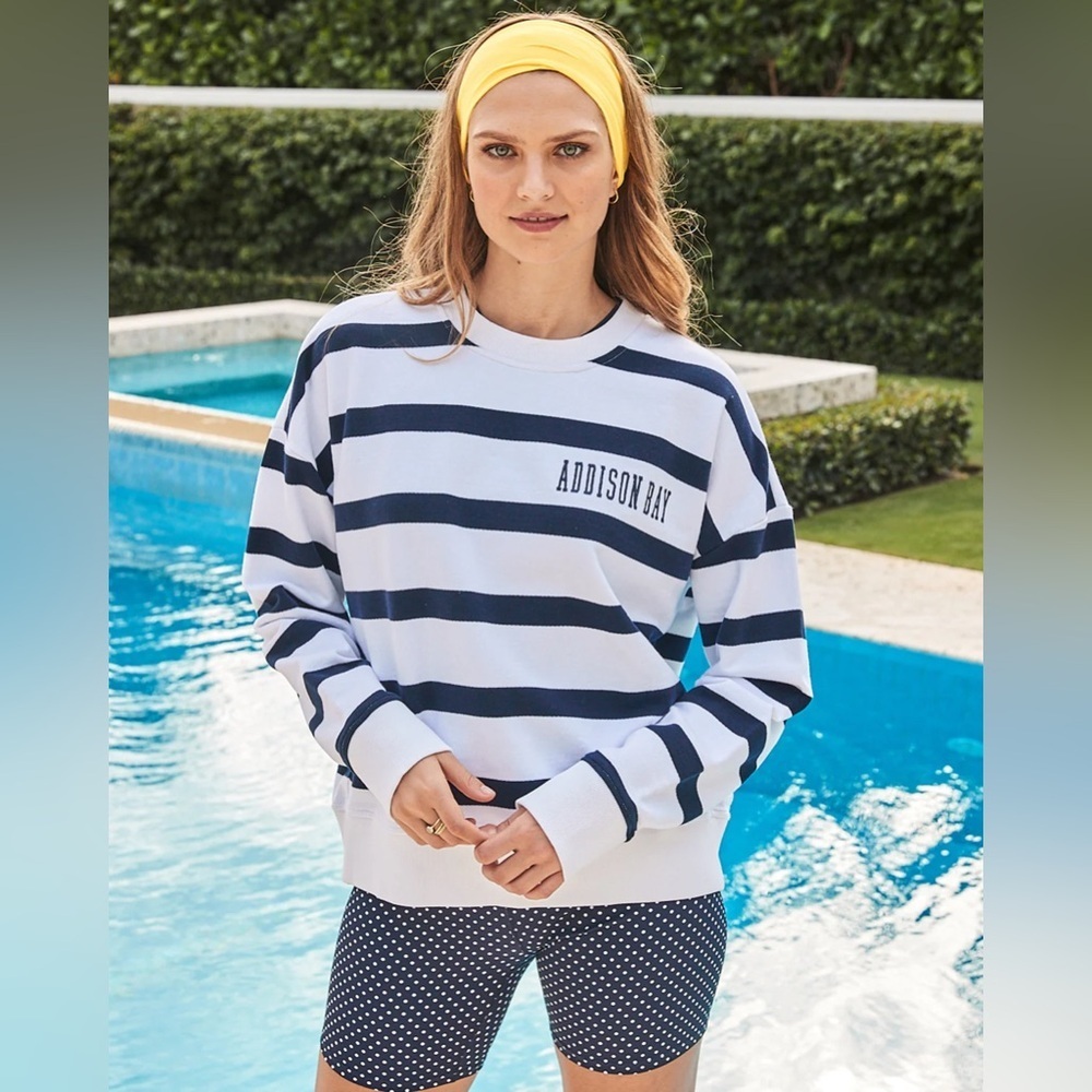 Addison Bay Everyday Terry AB Embroidered Crew Sweatshirt White/Navy Stripe XS